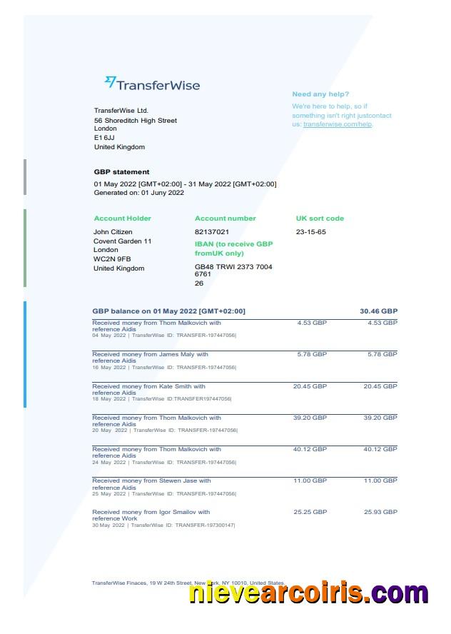 USA TransferWise Finances statement